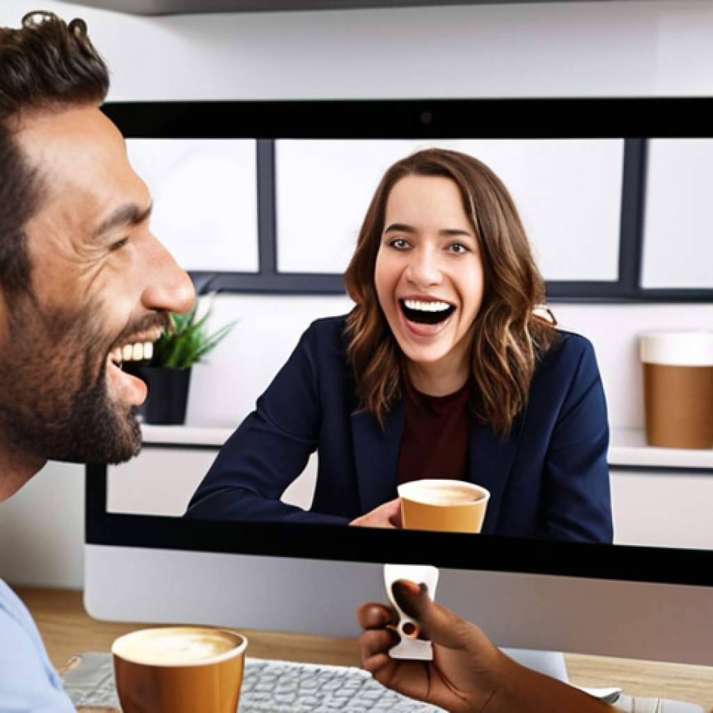 **

Prompt: A diverse team engaging in a virtual coffee break. Show relaxed colleagues chatting and laughing during a video call, some with coffee cups, illustrating spontaneous digital connection. The background should suggest home office and modern office environments. Focus on capturing a sense of camaraderie and relaxed conversation.

**