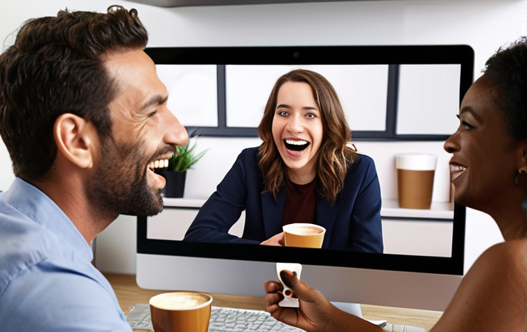 **
Prompt: A diverse team engaging in a virtual coffee break. Show relaxed colleagues chatting and laughing during a video call, some with coffee cups, illustrating spontaneous digital connection. The background should suggest home office and modern office environments. Focus on capturing a sense of camaraderie and relaxed conversation.
**