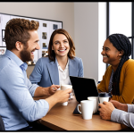 **

Prompt: A diverse team of professionals smiling and interacting during a virtual coffee break on a video conferencing platform. Some are holding coffee mugs. The background shows their various home offices. The atmosphere is relaxed and friendly. Focus on the sense of connection and camaraderie despite the distance.

**