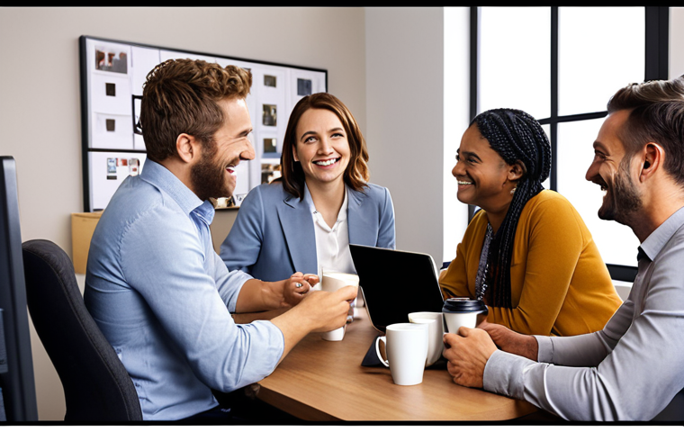 **
Prompt: A diverse team of professionals smiling and interacting during a virtual coffee break on a video conferencing platform. Some are holding coffee mugs. The background shows their various home offices. The atmosphere is relaxed and friendly. Focus on the sense of connection and camaraderie despite the distance.
**