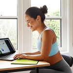 **A bright, modern home office setup. A person is working on a laptop, smiling slightly, with a window showing a sunny garden. Include elements suggesting work-life balance: a yoga mat in the corner, a healthy snack on the desk. The overall feeling is productive yet relaxed. Focus on natural light and ergonomic furniture.**