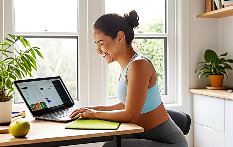 **A bright, modern home office setup. A person is working on a laptop, smiling slightly, with a window showing a sunny garden. Include elements suggesting work-life balance: a yoga mat in the corner, a healthy snack on the desk. The overall feeling is productive yet relaxed. Focus on natural light and ergonomic furniture.**