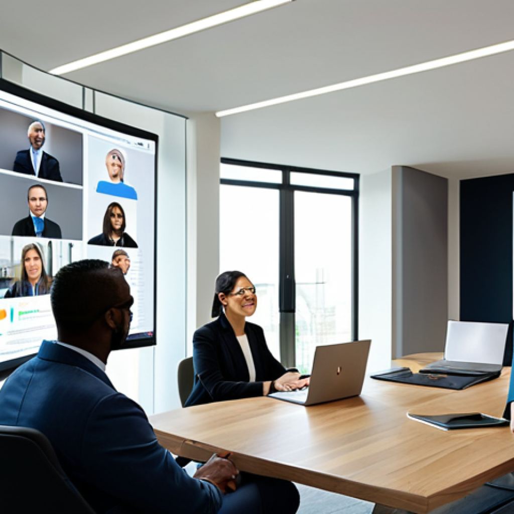 A diverse group of professional adults collaborating effectively across digital platforms, depicting the concept of "building bridges" in hybrid communication. One professional woman in a modest business suit is seen leading a virtual meeting from a modern, well-lit home office, looking directly at the camera with a natural, engaging expression. Around her on the screen, several other team members, also in professional attire, are visible in their respective clean, professional virtual spaces. The scene emphasizes seamless digital connection and transparent information sharing, with subtle visual cues of collaboration software interfaces. The overall mood is focused and cooperative. Professional photography, high resolution, vibrant colors, natural lighting, perfect anatomy, correct proportions, natural pose, well-formed hands, proper finger count, natural body proportions, fully clothed, modest clothing, appropriate attire, professional dress, safe for work, appropriate content, professional.