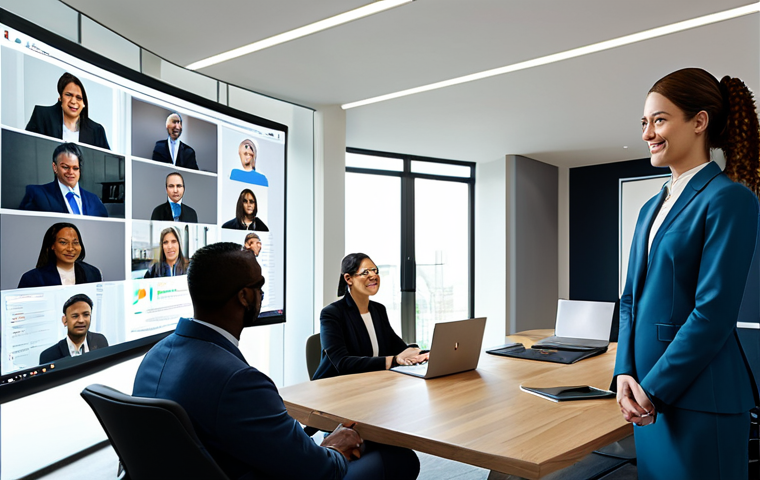 A diverse group of professional adults collaborating effectively across digital platforms, depicting the concept of "building bridges" in hybrid communication. One professional woman in a modest business suit is seen leading a virtual meeting from a modern, well-lit home office, looking directly at the camera with a natural, engaging expression. Around her on the screen, several other team members, also in professional attire, are visible in their respective clean, professional virtual spaces. The scene emphasizes seamless digital connection and transparent information sharing, with subtle visual cues of collaboration software interfaces. The overall mood is focused and cooperative. Professional photography, high resolution, vibrant colors, natural lighting, perfect anatomy, correct proportions, natural pose, well-formed hands, proper finger count, natural body proportions, fully clothed, modest clothing, appropriate attire, professional dress, safe for work, appropriate content, professional.
