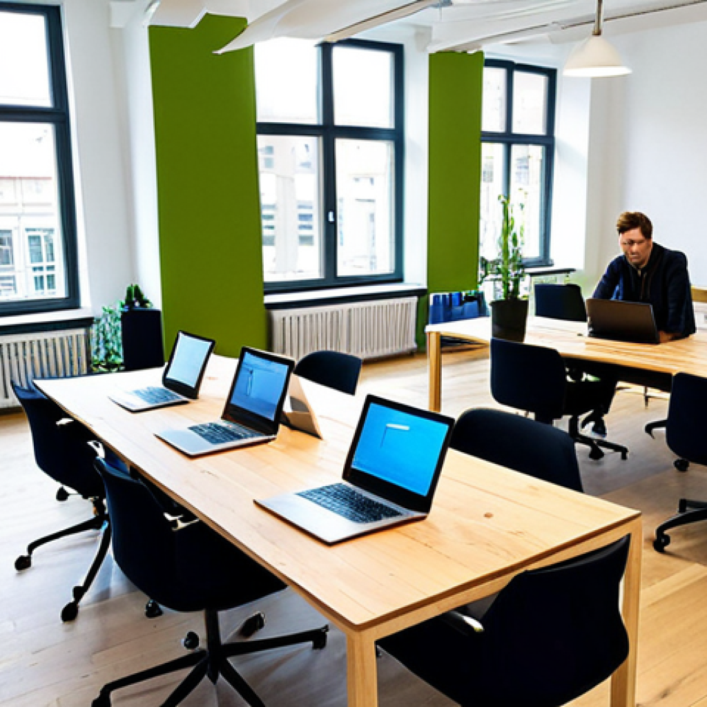 Modern Co-Working Space**

"A bright and airy co-working space in Berlin, Germany. Several professionals are working on laptops, collaborating, and having informal meetings. The decor is modern and minimalist with large windows overlooking the city. Everyone is fully clothed in business-casual attire, appropriate for a professional environment. Safe for work, correct proportions, perfect anatomy, family-friendly, high quality."

**