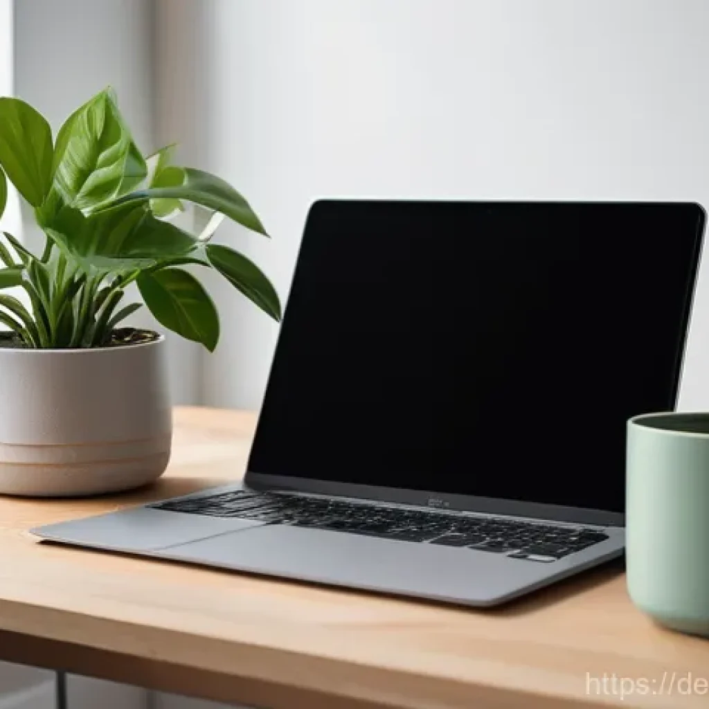 하이브리드 워크에서의 소통 방식 개선 - A professional woman in her mid-30s sits at a modern, minimalist home office desk. Her laptop screen...