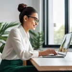 Home 18 하이브리드 워크를 위한 기술적 요구사항 - **Prompt:** A vibrant, dynamic image of an adult (30s-40s, any gender) working seamlessly in a moder...