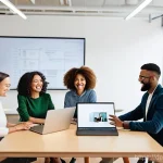 Home 16 하이브리드 워크의 장기적 비전 - **Prompt 1: The Balanced Future of Work**
"A diverse group of professionals (men and women, vary...