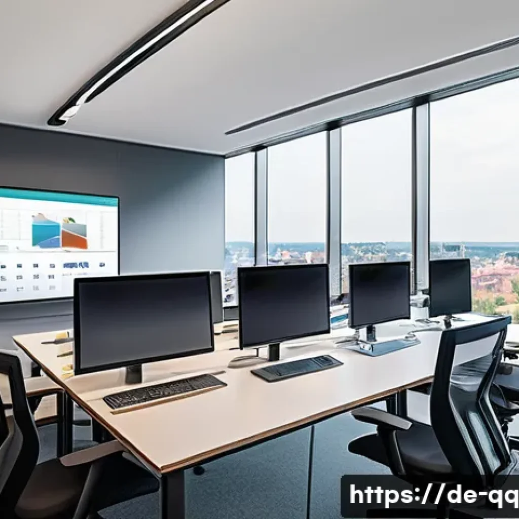 하이브리드 워크의 미래와 변화 - A modern hybrid office scene in Germany featuring diverse professionals collaborating both in-person...