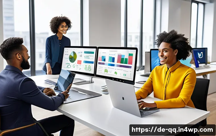 하이브리드 워크에서의 직원 참여 증진 전략 - A modern hybrid office environment showing a diverse team of professionals collaborating seamlessly ...