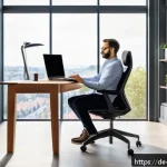 Home 20 하이브리드 워크의 지속적인 발전 방향 - A modern German home office setup bathed in natural daylight, featuring an ergonomic chair, a sleek ...