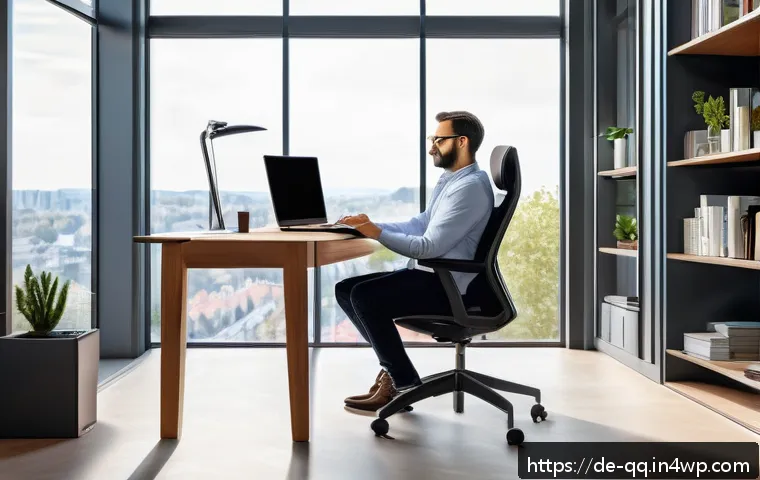 하이브리드 워크의 지속적인 발전 방향 - A modern German home office setup bathed in natural daylight, featuring an ergonomic chair, a sleek ...