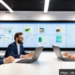 Home 19 하이브리드 근무에서의 직원 참여 증진 전략 - A modern hybrid office environment showing a diverse team of professionals engaged in a short, struc...