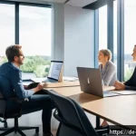 Home 18 하이브리드 근무에서의 동기 부여 전략 - A modern hybrid office scene showing a diverse German team engaged in a warm, personal conversation ...