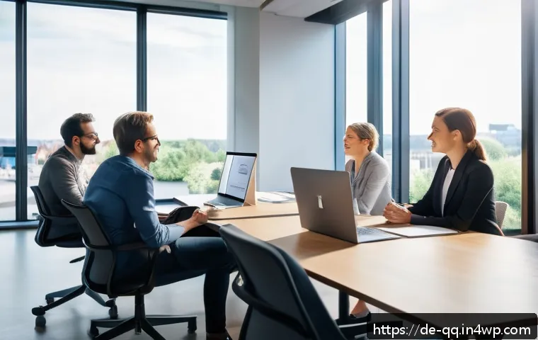 하이브리드 근무에서의 동기 부여 전략 - A modern hybrid office scene showing a diverse German team engaged in a warm, personal conversation ...