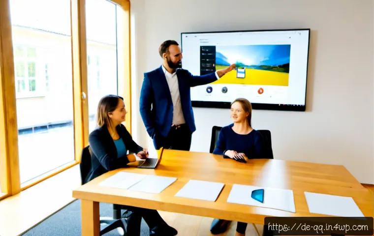 Home 17 하이브리드 환경에서의 팀 협업 방안 - Photorealistic hybrid team collaboration in a bright modern German office, three diverse colleagues ...